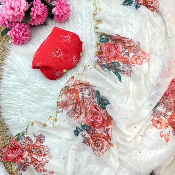 White Floral Printed Tabby Silk Saree with Cutdana Hand Work