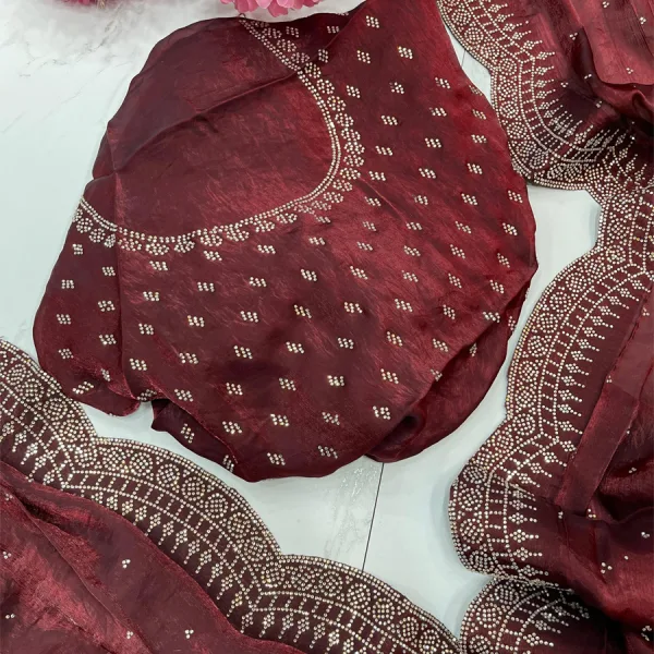 Maroon Fendy Satin Silk Saree with Zarkan Diamond Work