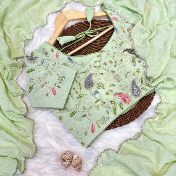 Pista Crunchy Silk Saree for Women with Subtle Hand Work