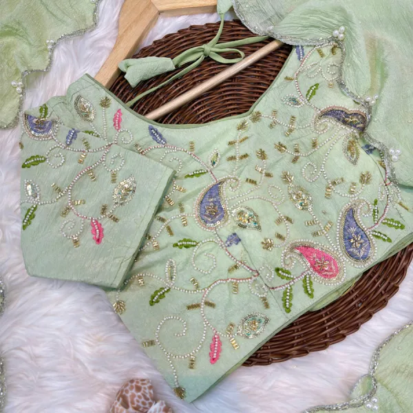 Pista Crunchy Silk Saree for Women with Subtle Hand Work