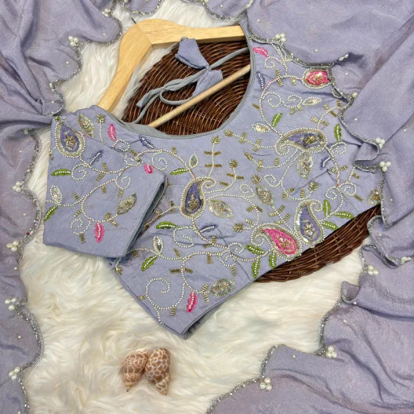 Lavender Crunchy Silk Saree for Women with Handcrafted Work