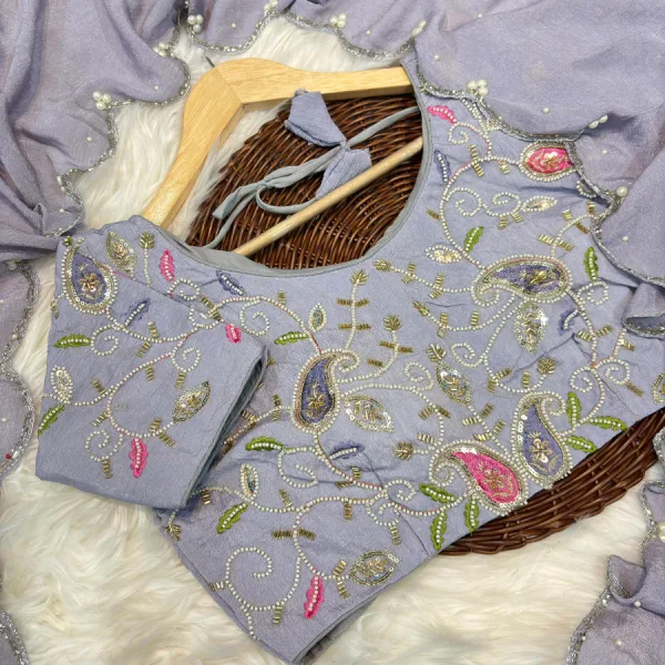 Lavender Crunchy Silk Saree for Women with Handcrafted Work