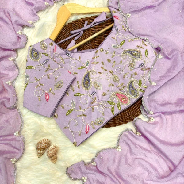 Lilac Crunchy Silk Saree for Women with Premium Hand Work