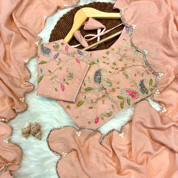 Peach Crunchy Silk Saree for Women with Designer Hand Work