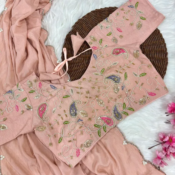 Peach Crunchy Silk Saree for Women with Designer Hand Work