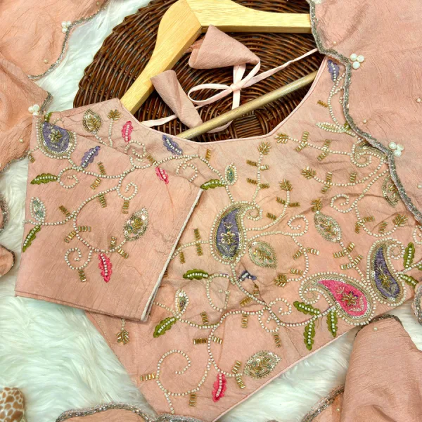 Peach Crunchy Silk Saree for Women with Designer Hand Work