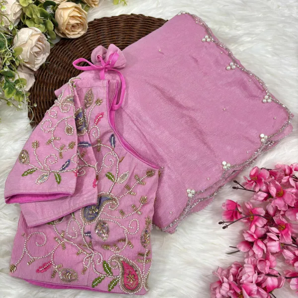 Pink Crunchy Silk Saree for Women with Delicate Hand Work