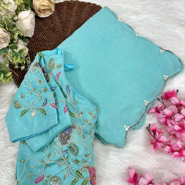 Sky Blue Crunchy Silk Saree for Women with Elegant Hand Work