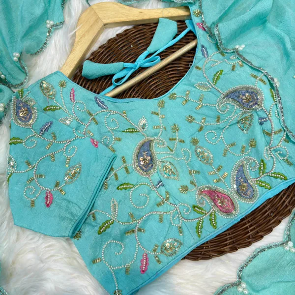 Sky Blue Crunchy Silk Saree for Women with Elegant Hand Work