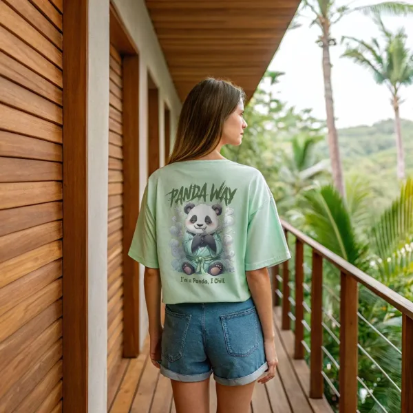 Women Casual Short Sleeve Green Panda Way Graphic T-Shirt