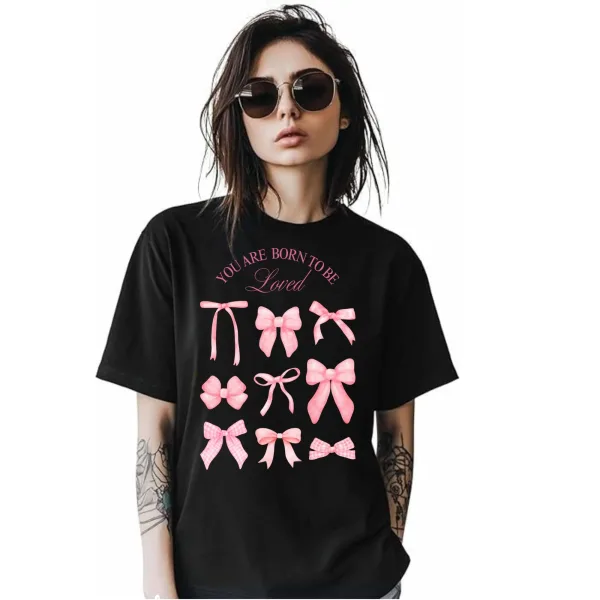 Women Pink Bows Design Black Cotton Short Sleeve Over Size T-Shirt