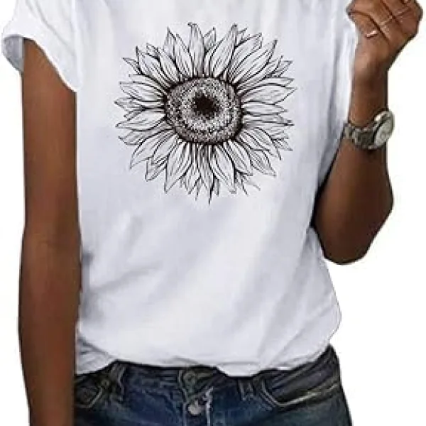 Women's T Shirts Short Sleeve Tees Sunflower Graphic Loose Summer Tops