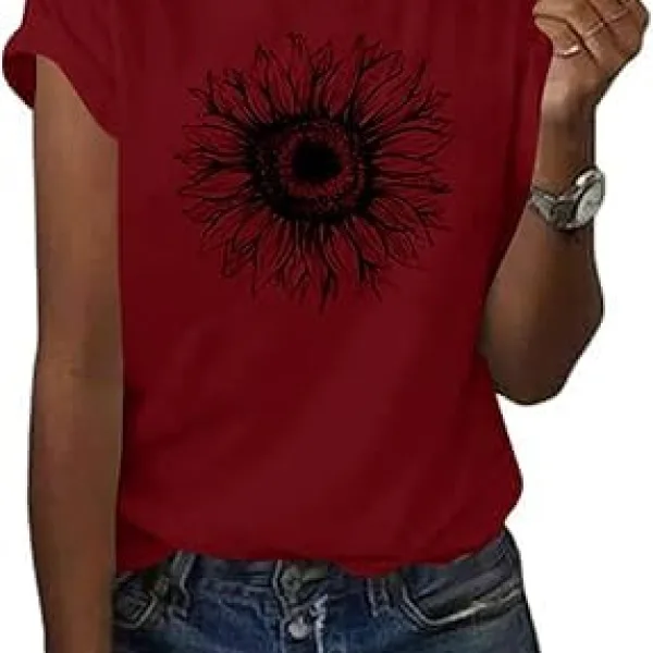Women's T Shirts Short Sleeve Tees Sunflower Graphic Loose Summer Tops