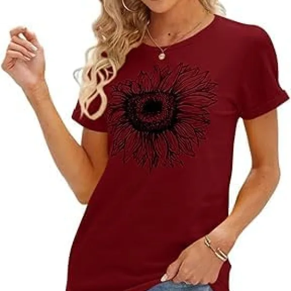 Women's T Shirts Short Sleeve Tees Sunflower Graphic Loose Summer Tops