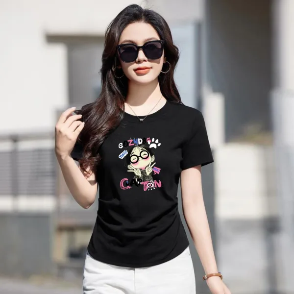 Girls Black Cotton Graphic T Shirt Casual Short Sleeve Top