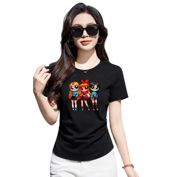 Graphic T-Shirt, Black Cotton Top, Casual Short Sleeve for Girls
