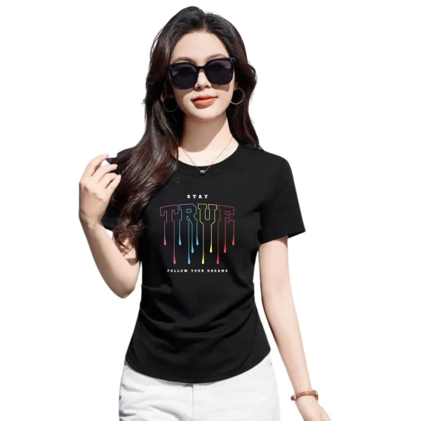 Graphic T-Shirt, Black Cotton Top, Casual Short Sleeve for Girls