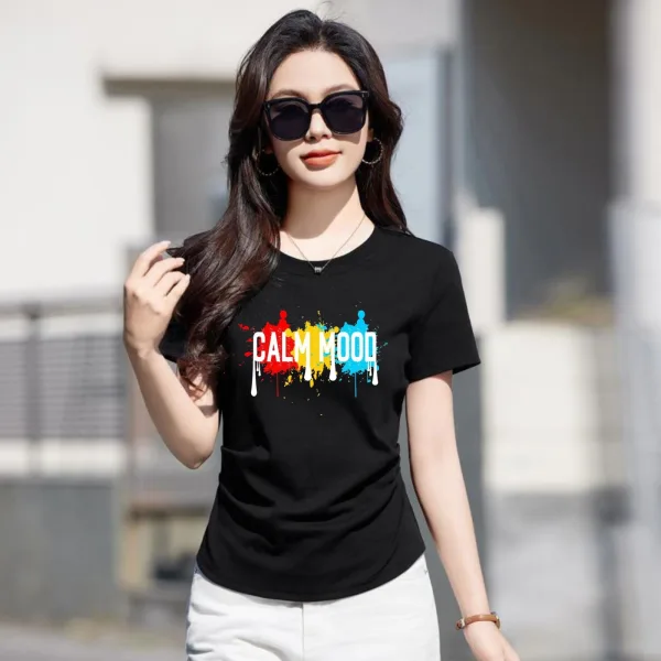 Graphic T-Shirt, Black Cotton Top, Casual Short Sleeve for Girls