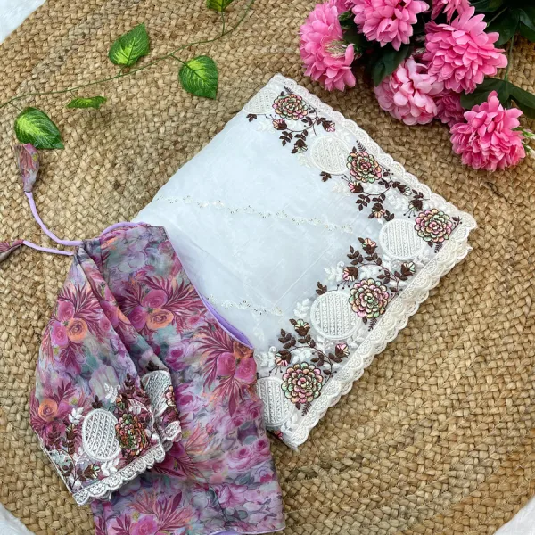 White Candy Silk Embroidery Saree with Elegant Finish