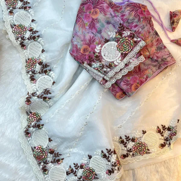 White Candy Silk Embroidery Saree with Elegant Finish