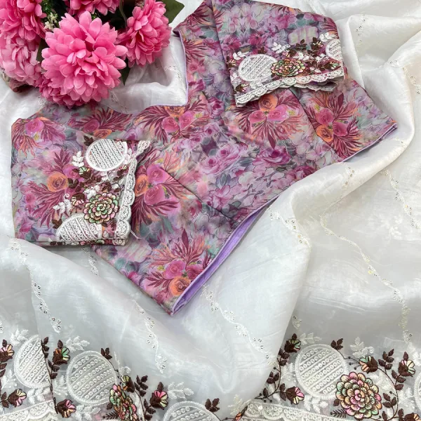 White Candy Silk Embroidery Saree with Elegant Finish