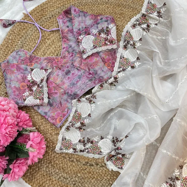 White Candy Silk Embroidery Saree with Elegant Finish