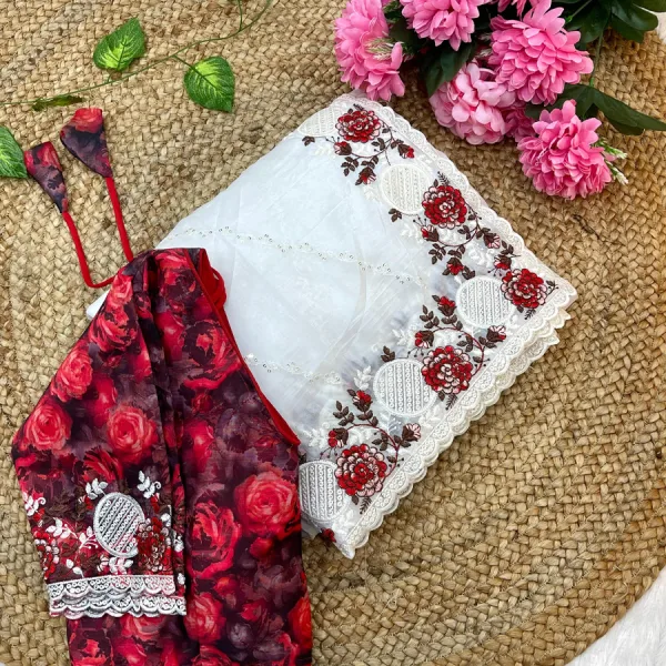 Red Candy Silk Embroidery Saree with Latest Designer Look