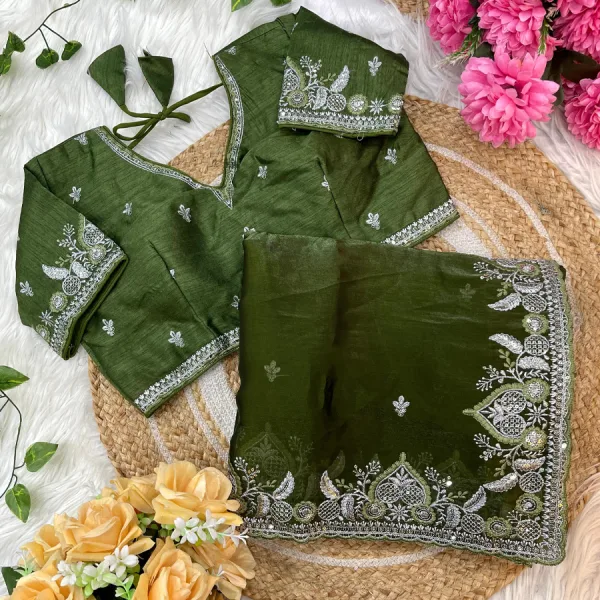 Traditional Green Satin Silk Embroidery Saree for Women