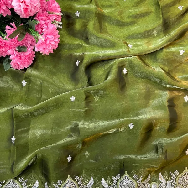 Traditional Green Satin Silk Embroidery Saree for Women