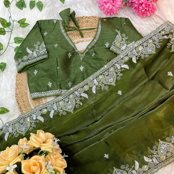 Traditional Green Satin Silk Embroidery Saree for Women