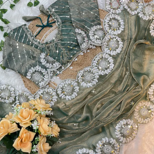 Green Chiffon Silk Embroidery Saree with Bollywood Appeal