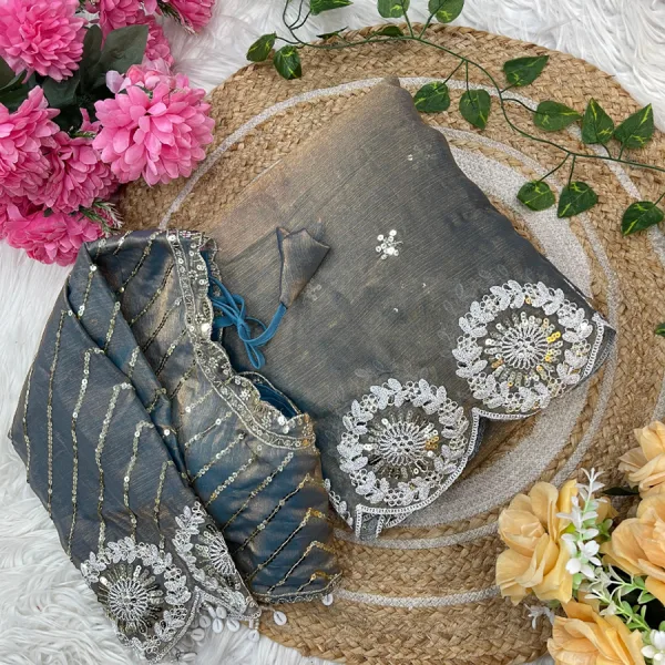 Grey Chiffon Silk Embroidery Saree in Bollywood Style