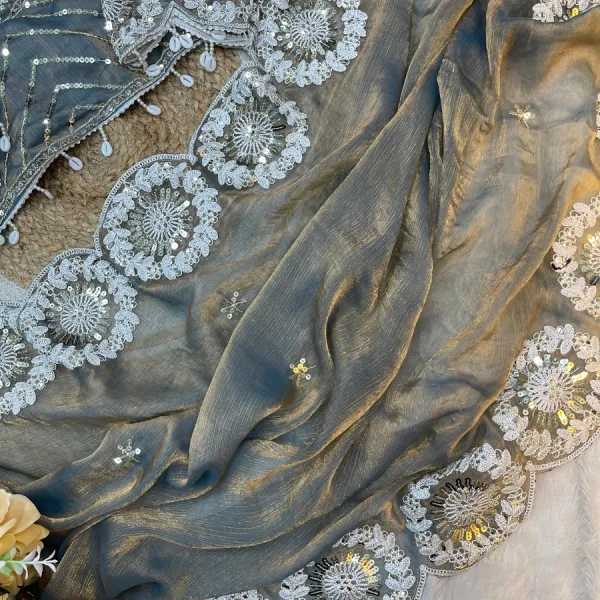 Grey Chiffon Silk Embroidery Saree in Bollywood Style