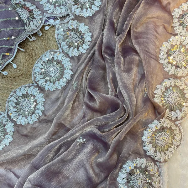 Lilac Chiffon Silk Embroidery Saree with Bollywood Charm