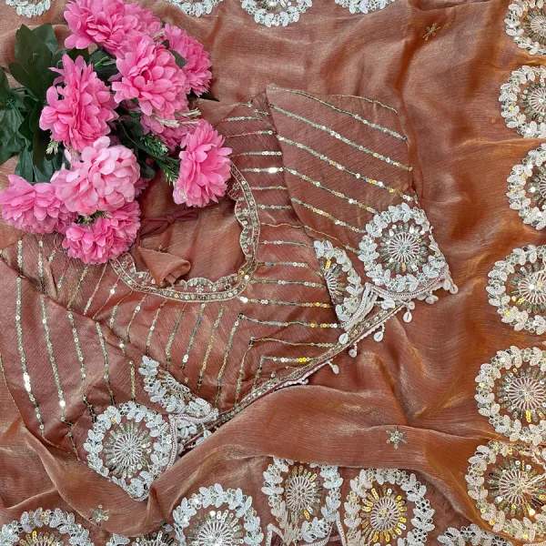 Orange Chiffon Silk Embroidery Saree for Bollywood Look