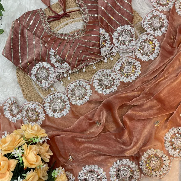 Orange Chiffon Silk Embroidery Saree for Bollywood Look