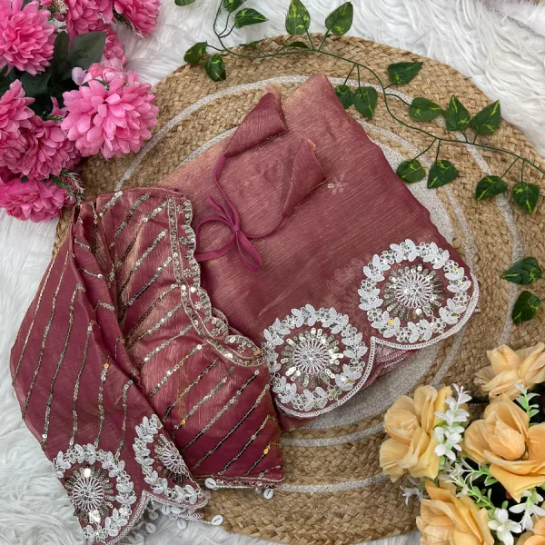 Pink Chiffon Silk Embroidery Saree with Bollywood Style