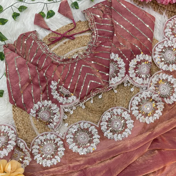 Pink Chiffon Silk Embroidery Saree with Bollywood Style