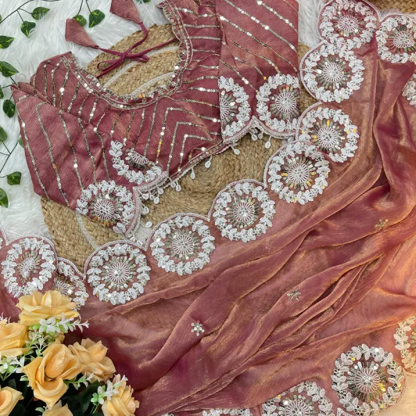 Pink Chiffon Silk Embroidery Saree with Bollywood Style