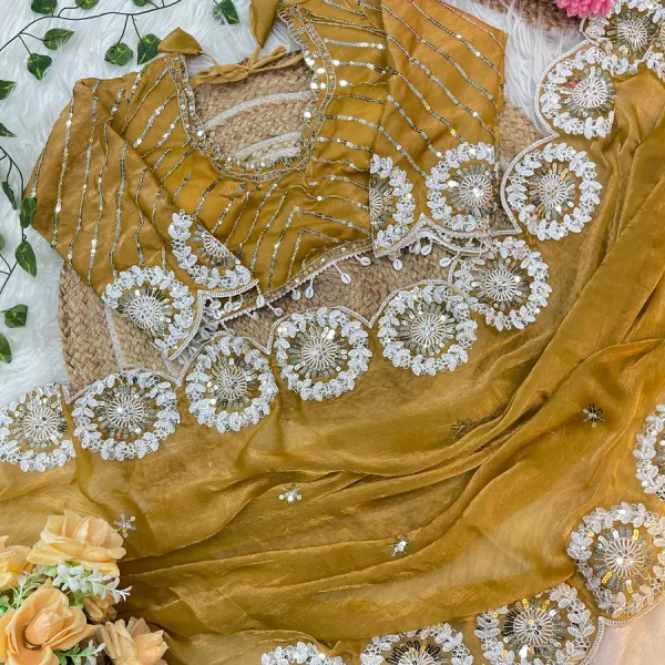 Yellow Chiffon Silk Embroidery Saree with Bollywood Look