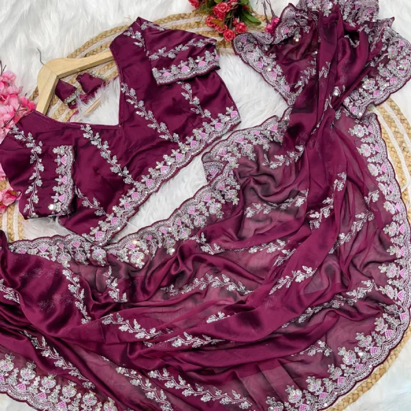 Designer Magenta Rangoli Silk Embroidery Saree Stylish Women Outfit
