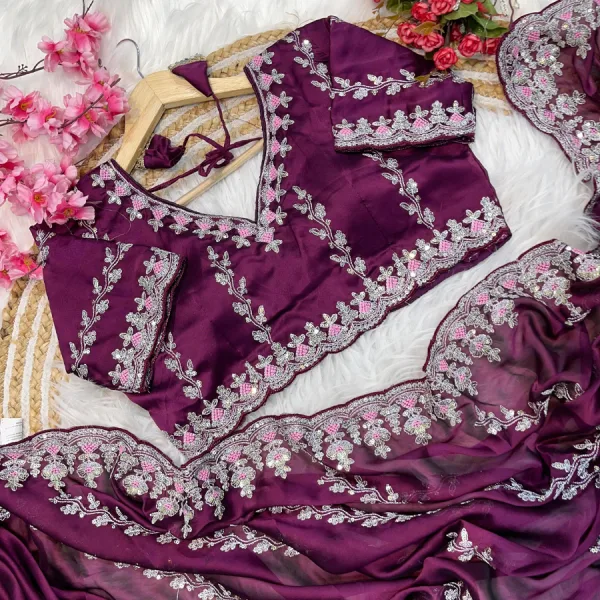 Designer Purple Rangoli Silk Embroidery Saree Elegant Women Wear