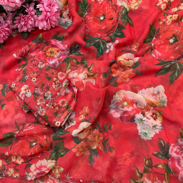 Beautiful Red Floral Printed Georgette Saree with Hand Work