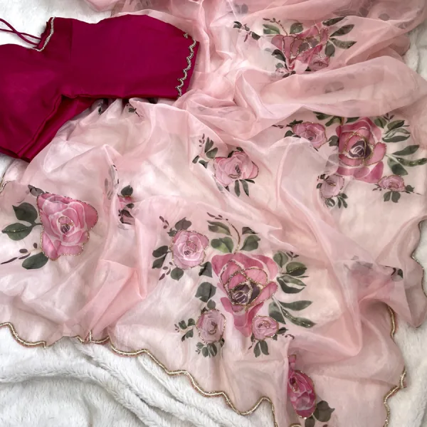 Hand Worked Floral Printed Organza Silk Saree for Women