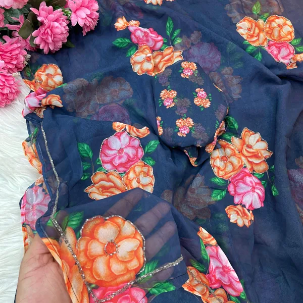 Fancy Blue Floral Printed Georgette Saree with Zardozi Hand Work