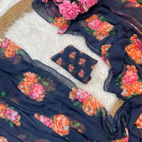 Fancy Blue Floral Printed Georgette Saree with Zardozi Hand Work