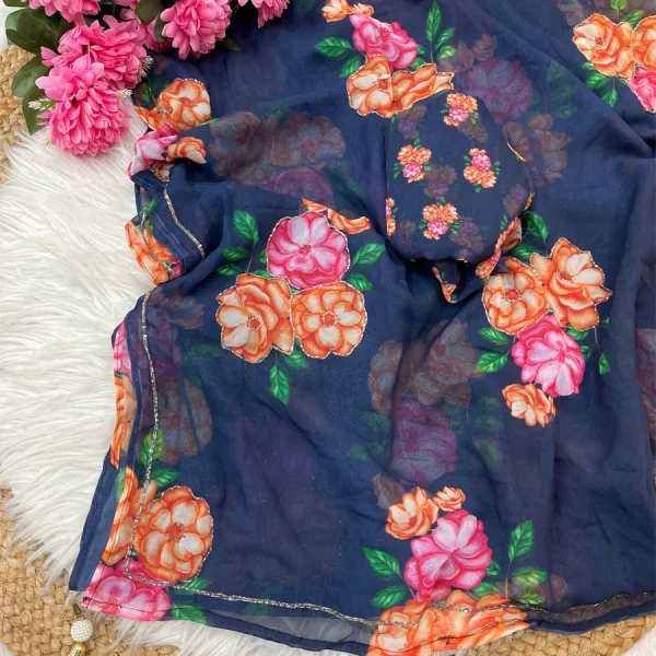 Fancy Blue Floral Printed Georgette Saree with Zardozi Hand Work