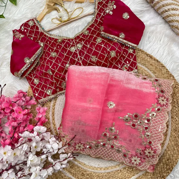 New Satin Silk Pink Heavy Embroidery Saree for Women