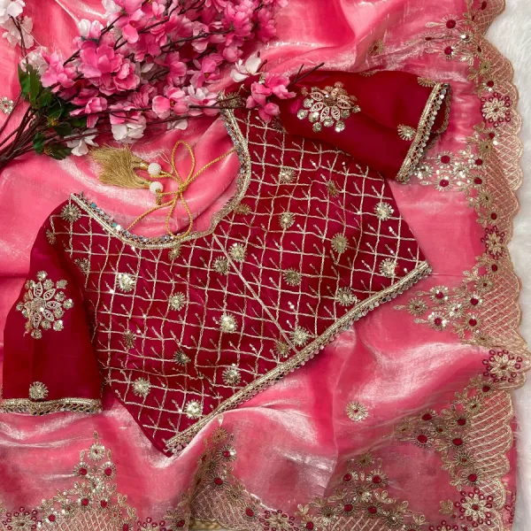 New Satin Silk Pink Heavy Embroidery Saree for Women