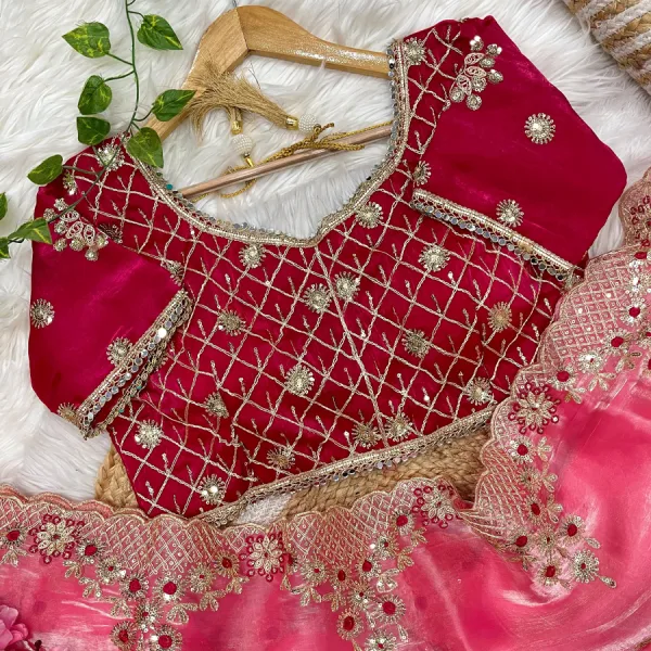 New Satin Silk Pink Heavy Embroidery Saree for Women